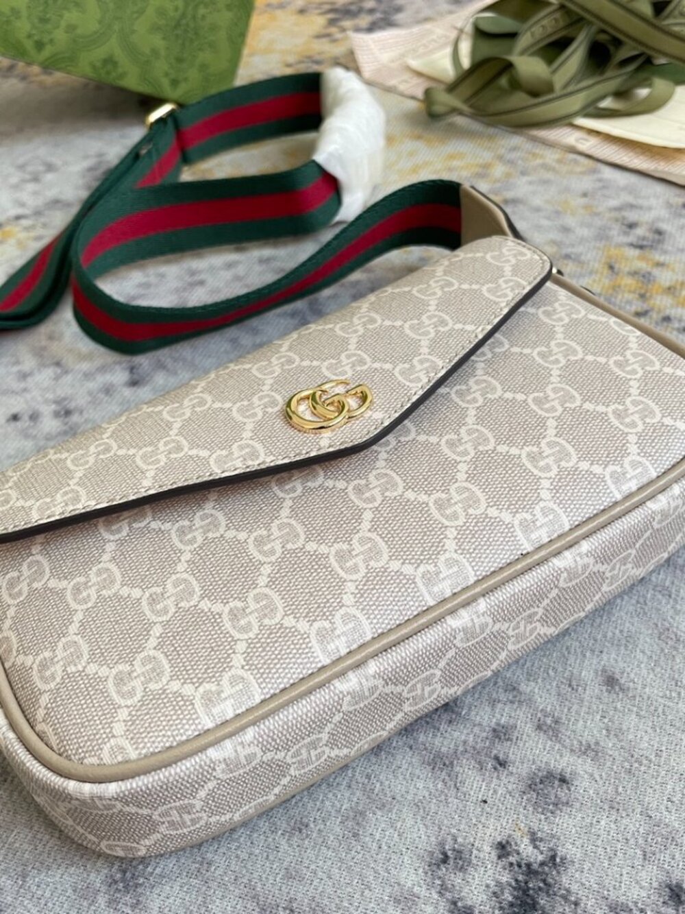 Gucci Ophidia Pochette White GG Canvas Crossbody-Beige - Picture 7 of 9